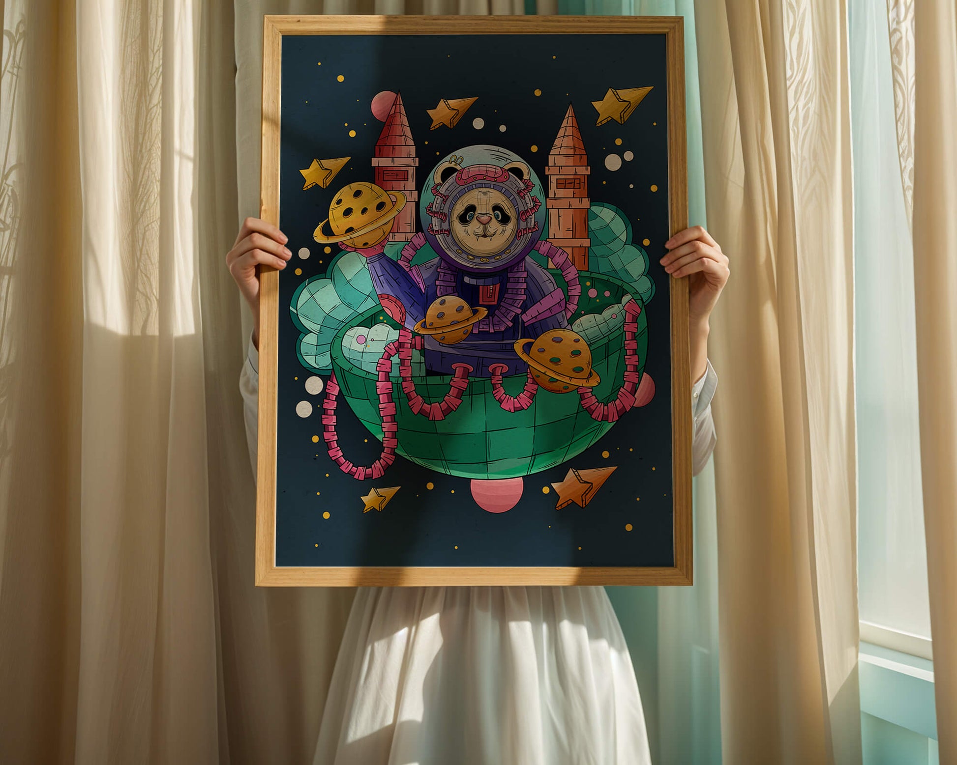 Whimsical space panda illustration with planets and stars