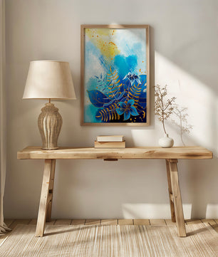 Floral illustration with blue leaves and golden accents on abstract background