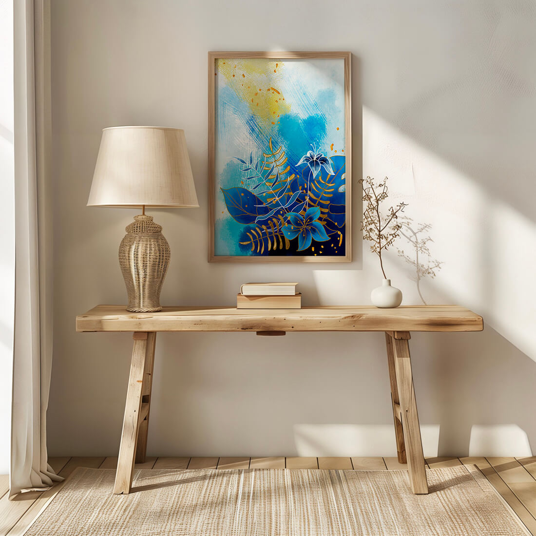 Floral illustration with blue leaves and golden accents on abstract background