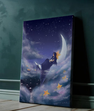 Cielo nocturno soñador con una niña sentada en una luna creciente rodeada de estrellas