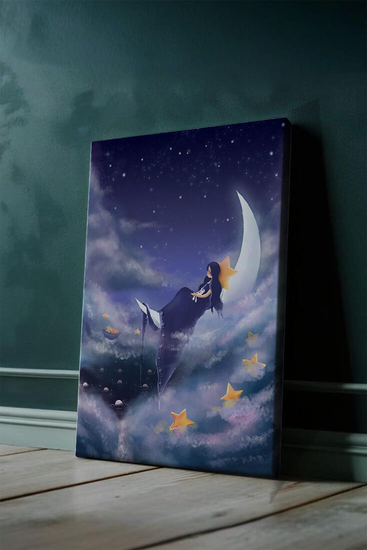 Dreamy night sky with girl sitting on crescent moon surrounded by stars
