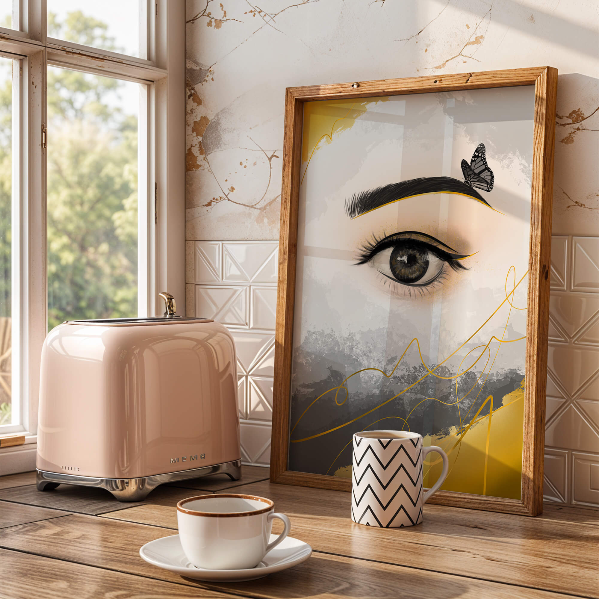 Artistic eye illustration with butterfly and abstract gold accents