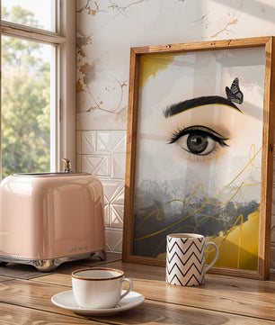 Artistic eye illustration with butterfly and abstract gold accents
