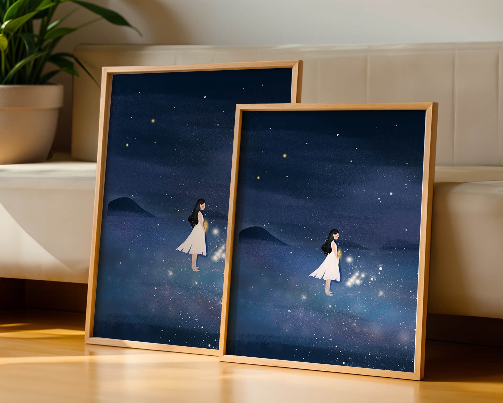 Girl in White Dress Gazing at Starry Night Sky