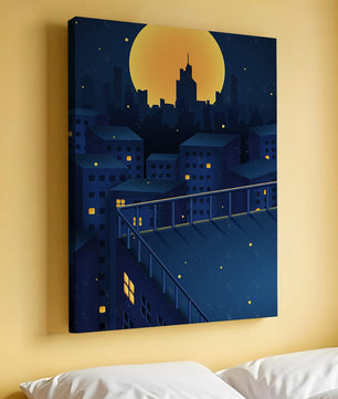 Stadtdach bei Nacht mit beleuchteten Fenstern und Vollmond