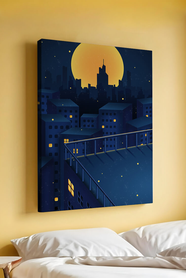 City Rooftop at Night with Illuminated Windows and Full Moon