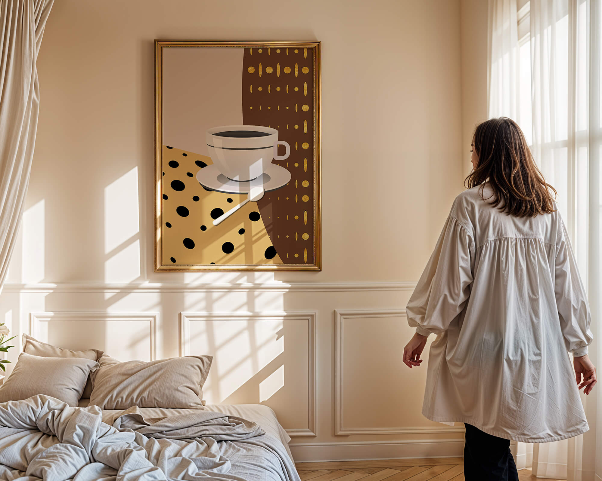 Contemporary Coffee Art with Geometric Patterns and Gold Accents - Mi tienda