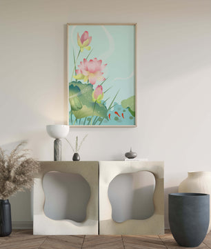 Loteo de flores de loto ilustrativas con hojas y peces koi en un estanque sereno