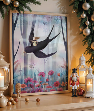 Zauberwald mit Mädchen, das auf einem Vogel zwischen leuchtenden Blumen reitet