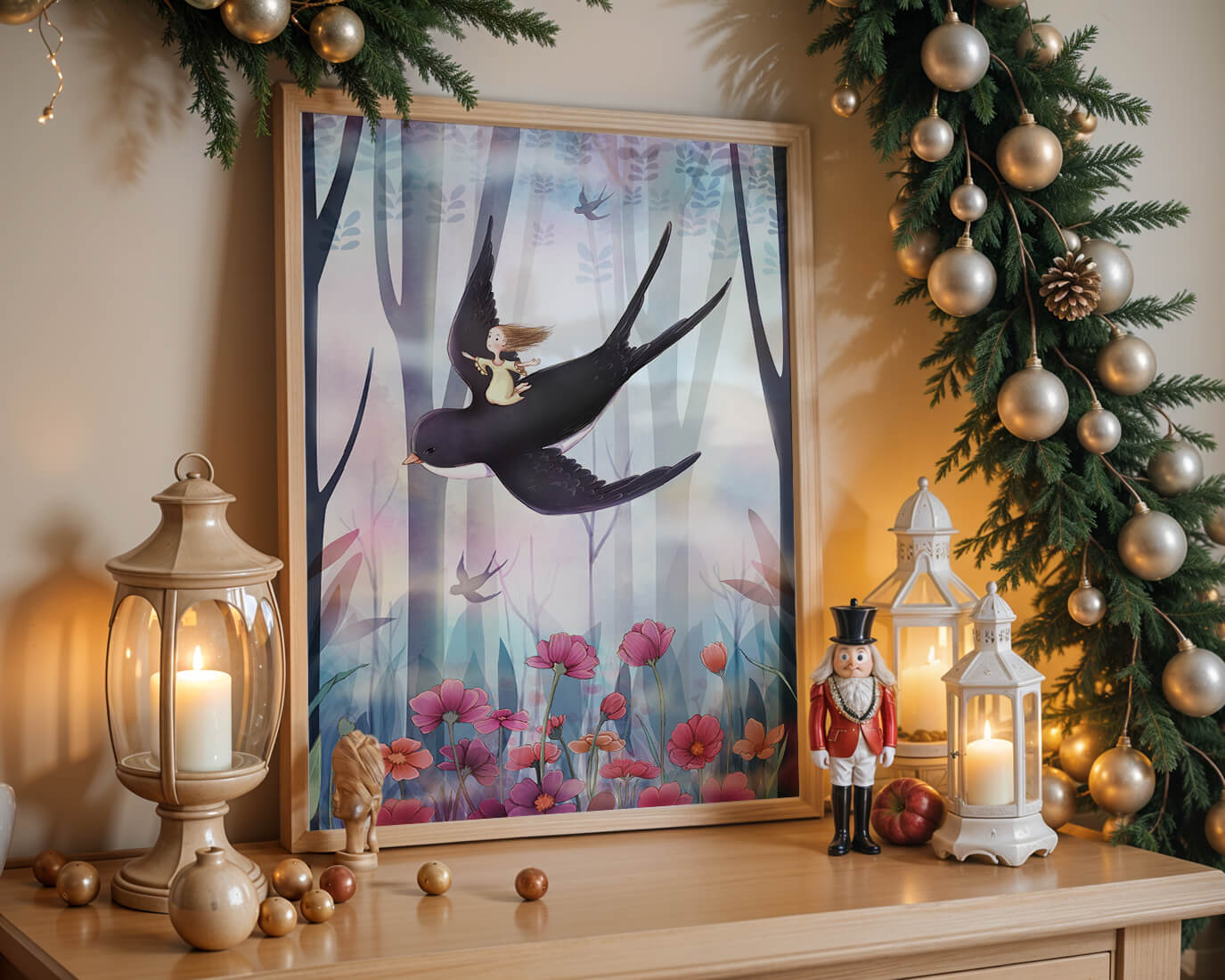 Enchanted forest with girl riding bird among vibrant flowers