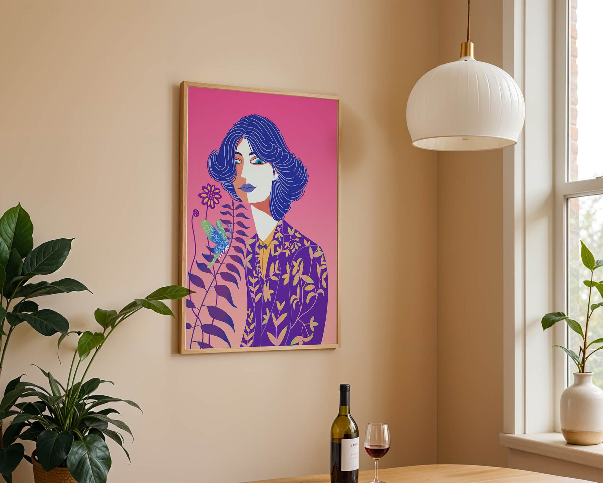 Stylized Portrait of a Woman with Blue Hair and Botanical Pattern