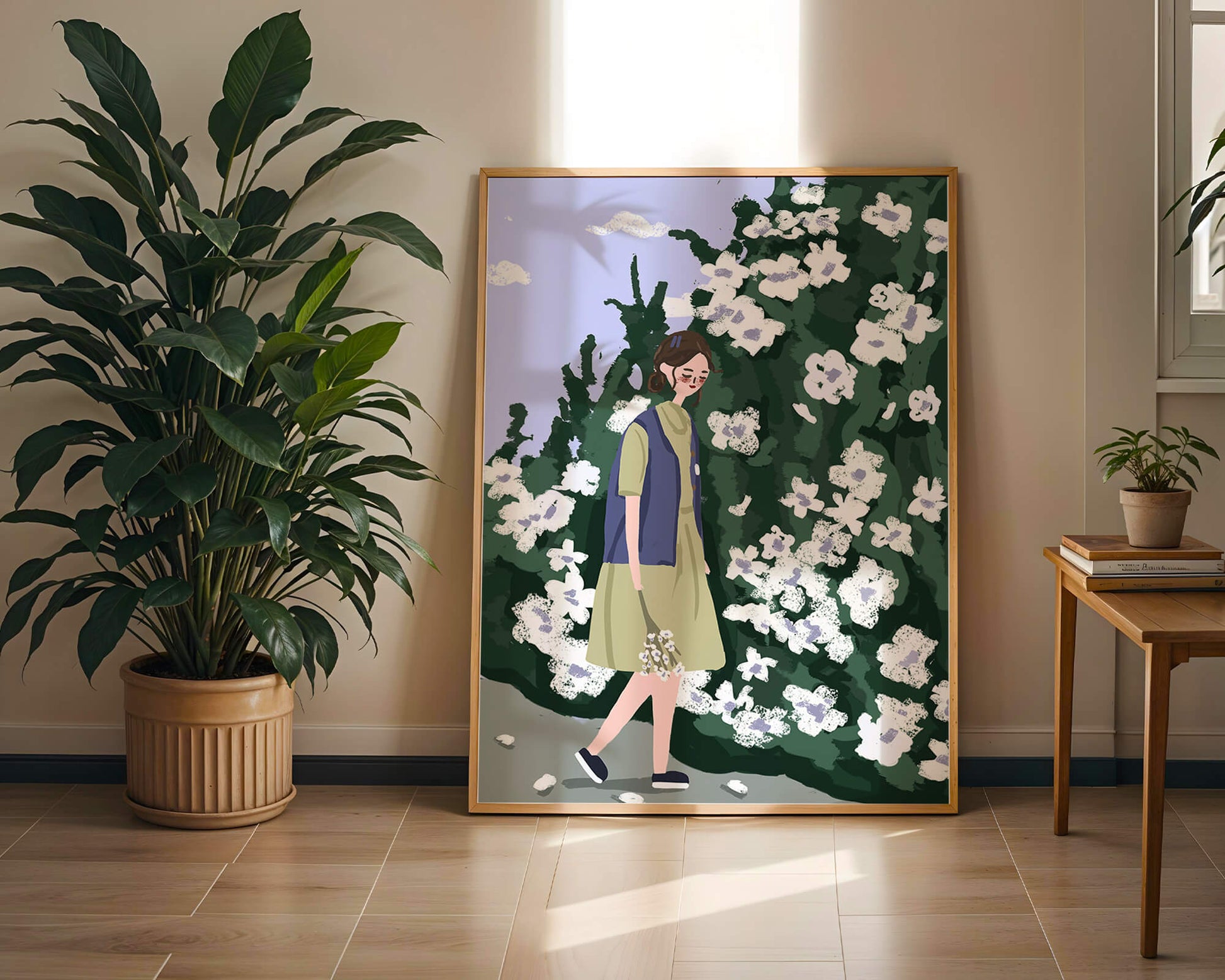 Woman walking by a lush white flower bush on a sunny day
