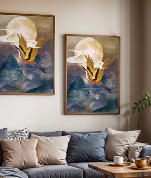 Majestic Gold-Crimson Crane Flying Over Misty Mountains in Moonlight
