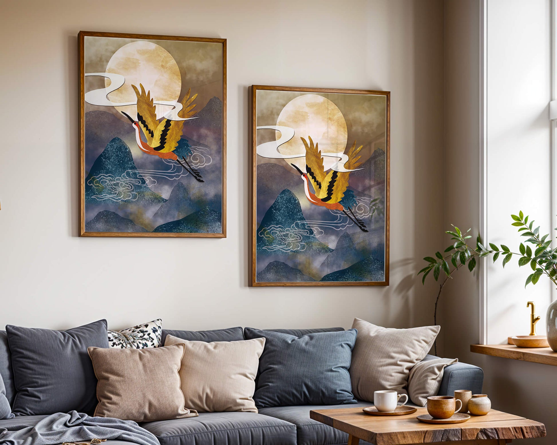 Majestic Gold-Crimson Crane Flying Over Misty Mountains in Moonlight
