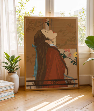 Mujer elegante con atuendo tradicional y fondo floral