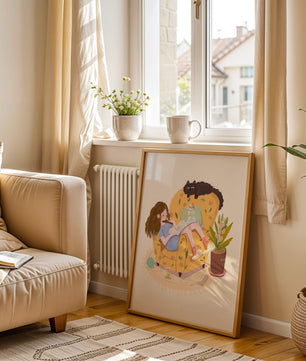 Cozy Reading Corner with Relaxed Girl and Cat