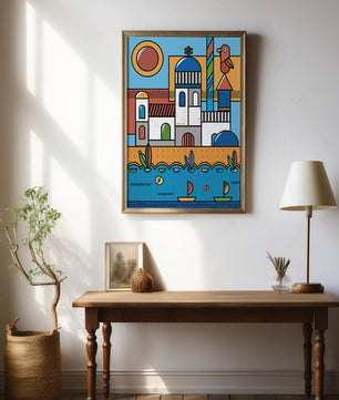 Bunte geometrische Küstendorf-Illustration mit Vögeln und Booten