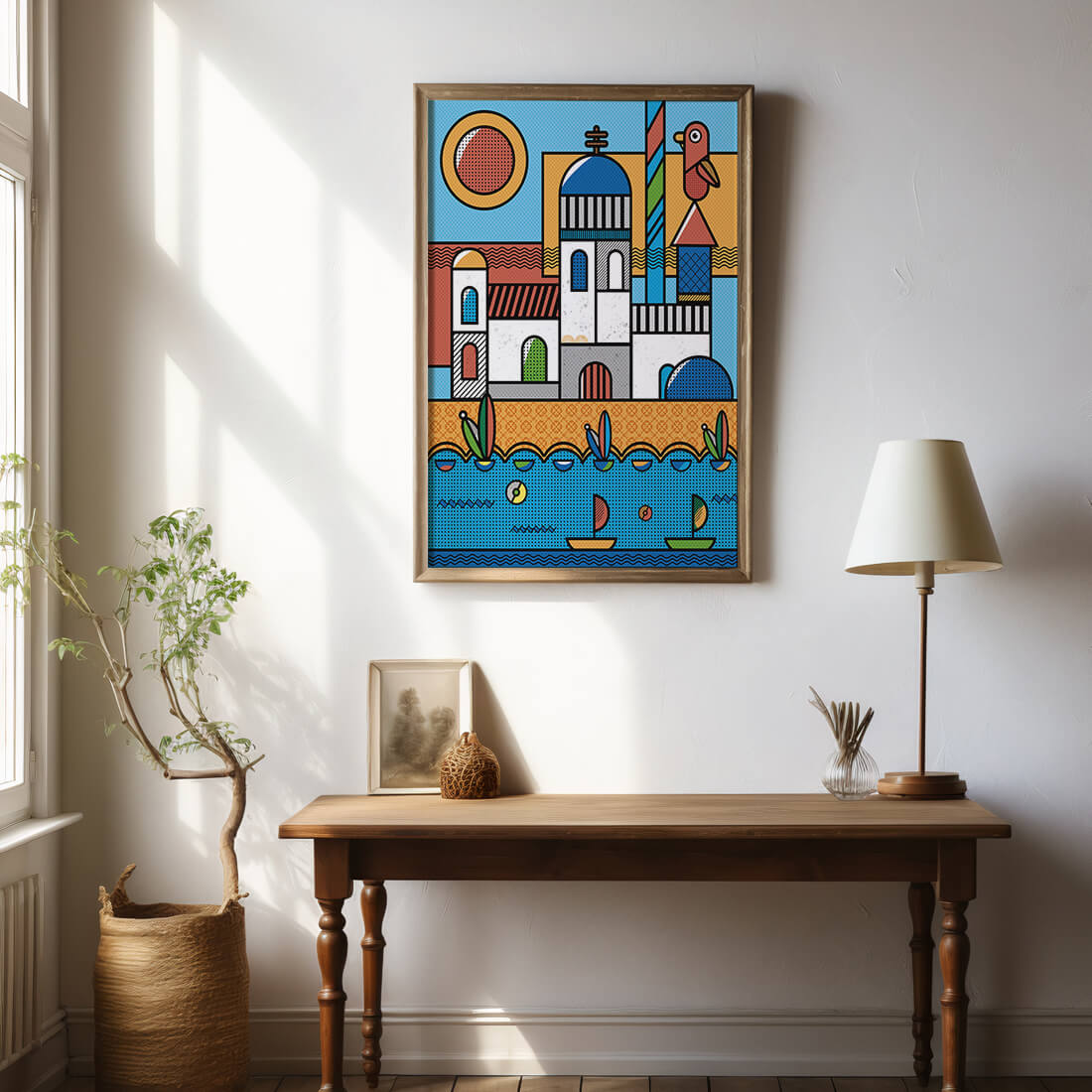 Bunte geometrische Küstendorf-Illustration mit Vögeln und Booten