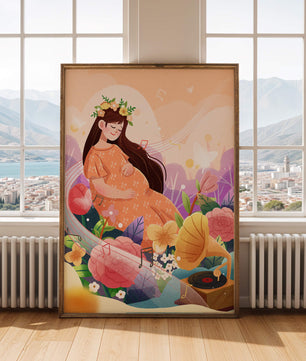 Femme dans la nature avec des fleurs et des notes de musique