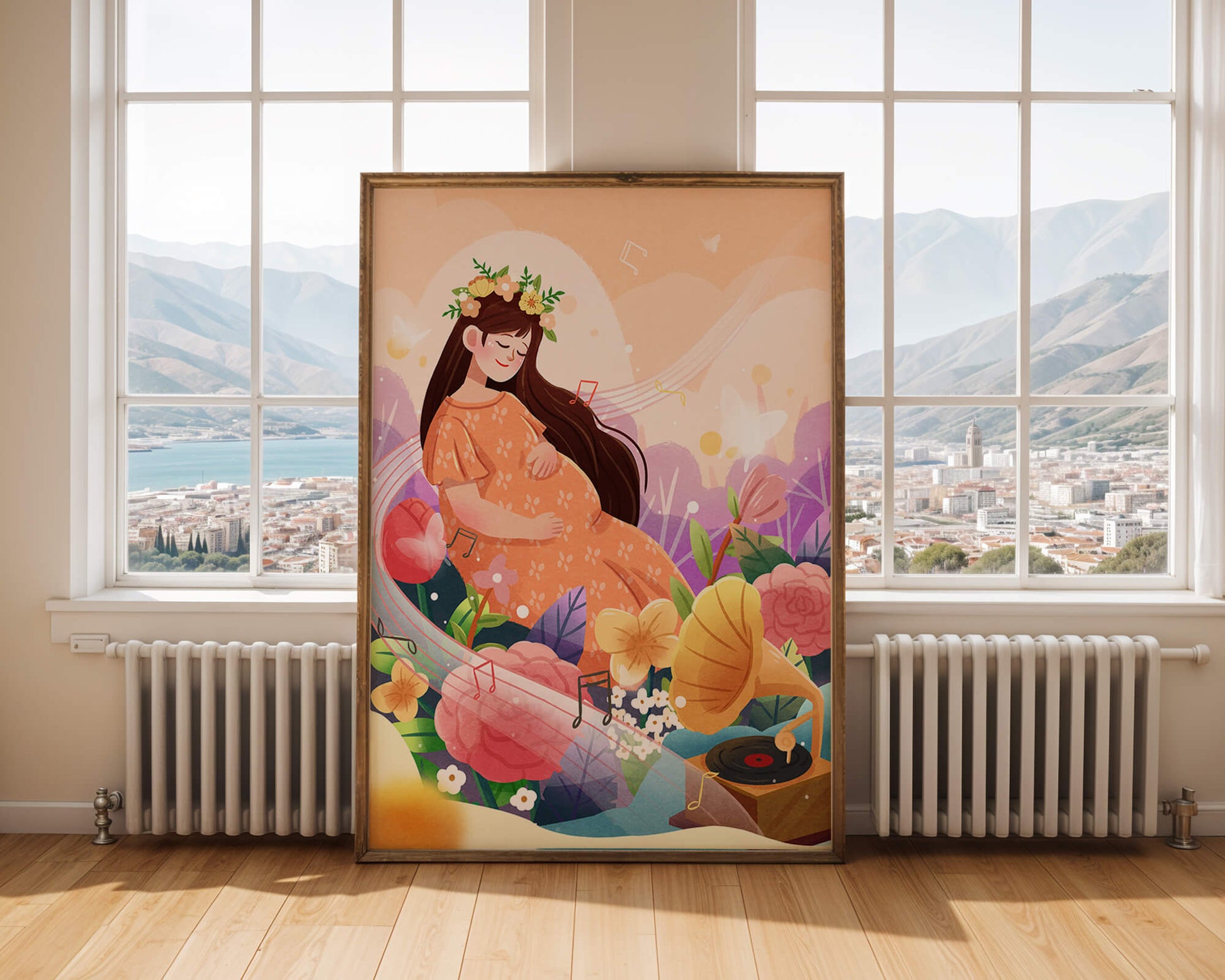 Woman in nature with flowers and musical notes