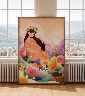 Woman in nature with flowers and musical notes