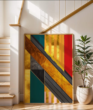 Abstract geometric design with gold accents and vibrant colors