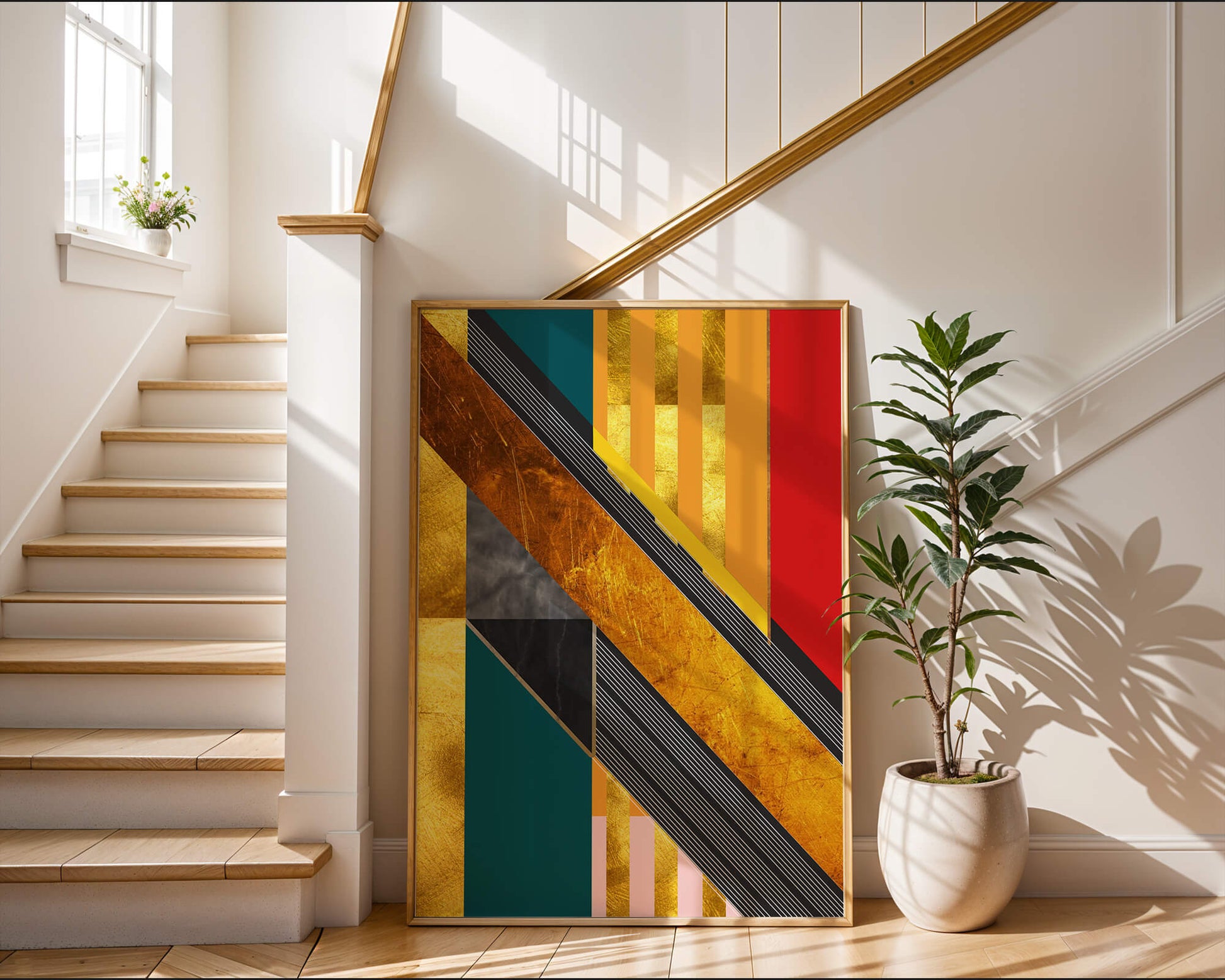 Abstract geometric design with gold accents and vibrant colors