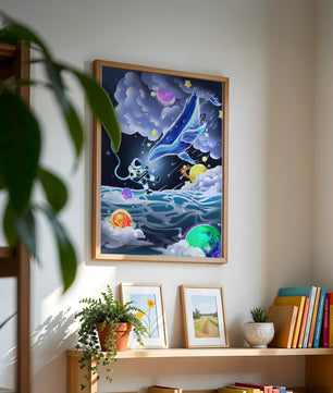 Astronaut Exploring a Surreal Cosmic Ocean with a Glowing Whale