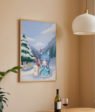 Winter scene with cute chibi character and bunny in snowy landscape