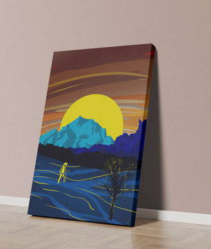 Paisaje surrealista con una puesta de sol vibrante y silueta