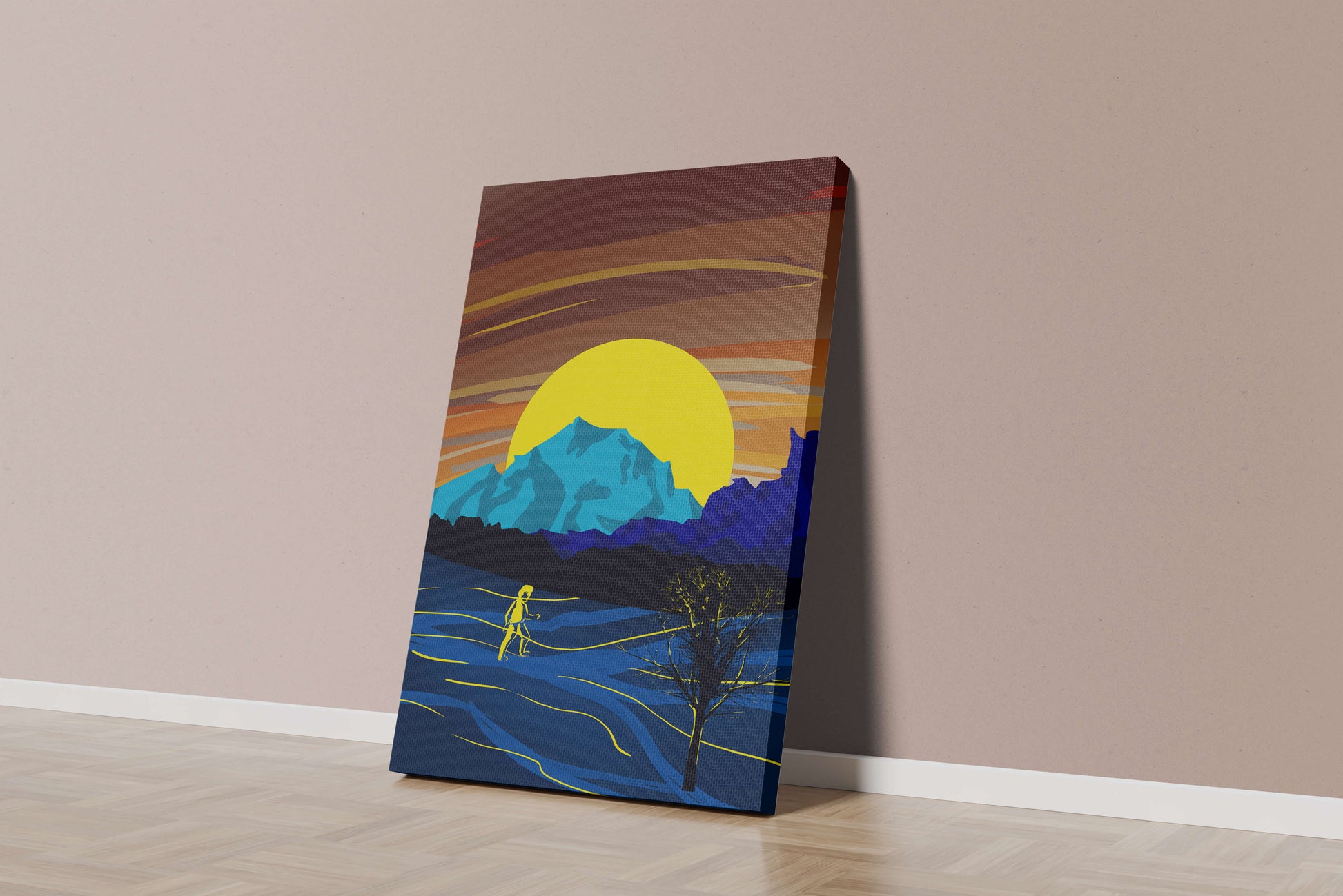 Surreal landscape with a vibrant sunset and silhouette