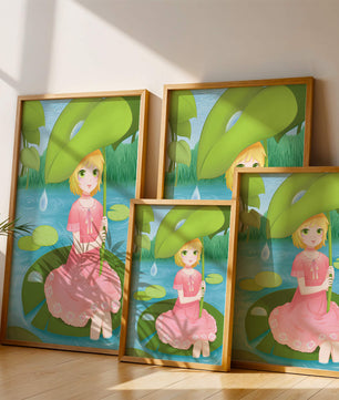 Whimsical Illustration of a Young Girl in a Pink Dress Sitting on a Lily Pad