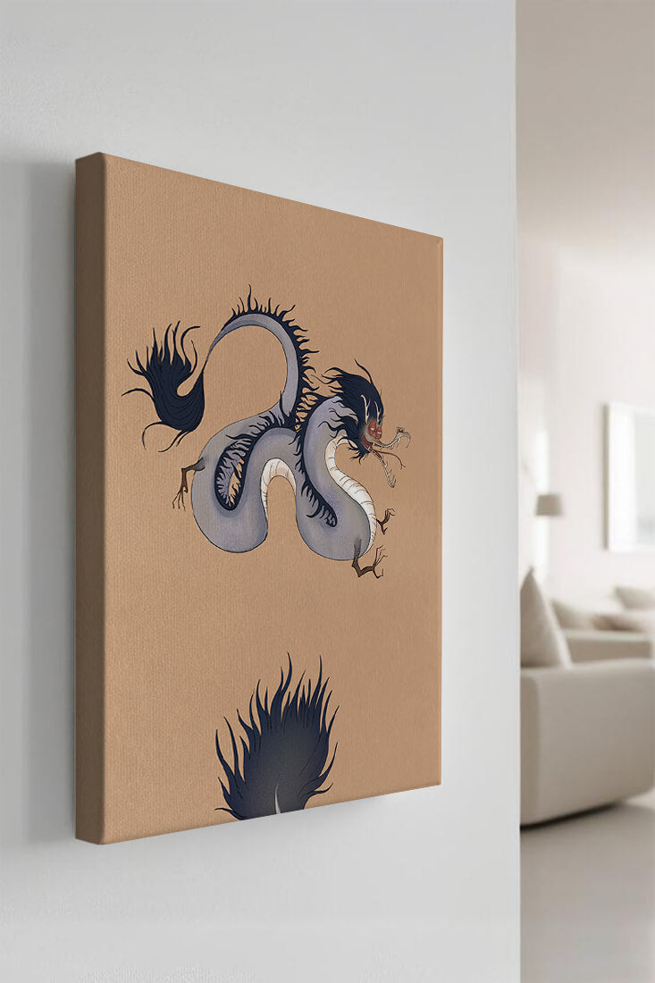 Illustration of a mystical dragon with fluid form on a beige background