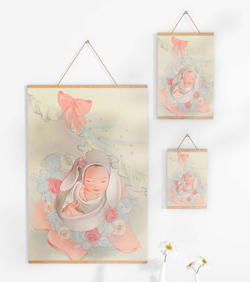 Sweet sleeping baby surrounded by soft pastel decorations