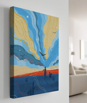 Paisaje abstracto colorido con figura y pájaros