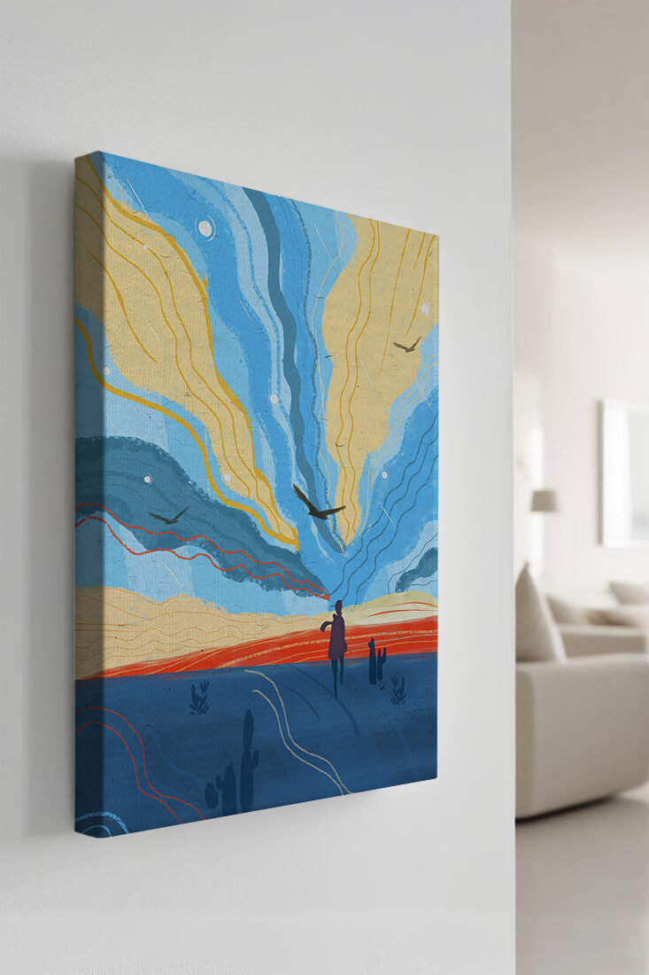 Colorful abstract landscape with figure and birds