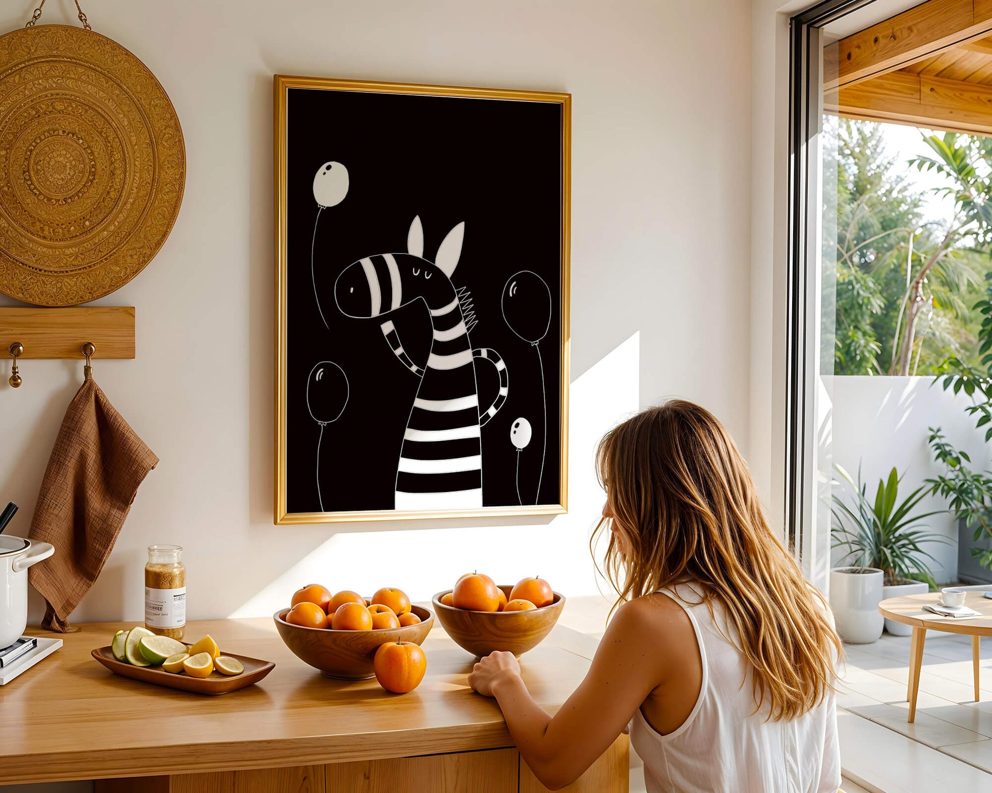 Cebra juguetona con globos en arte minimalista en blanco y negro