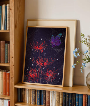Vivid Night Sky with Red Spider Lilies and Purple Butterfly - Mi tienda
