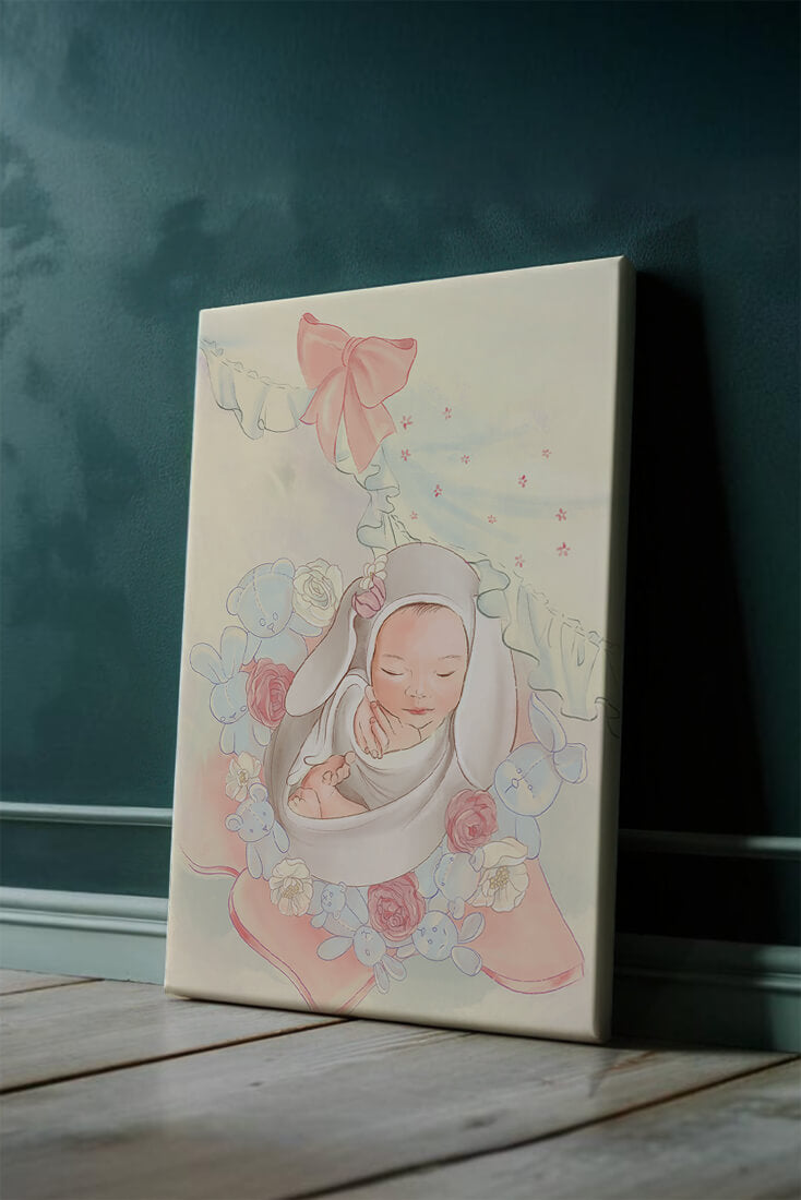 Sweet sleeping baby surrounded by soft pastel decorations