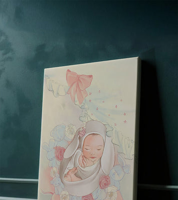 Sweet sleeping baby surrounded by soft pastel decorations