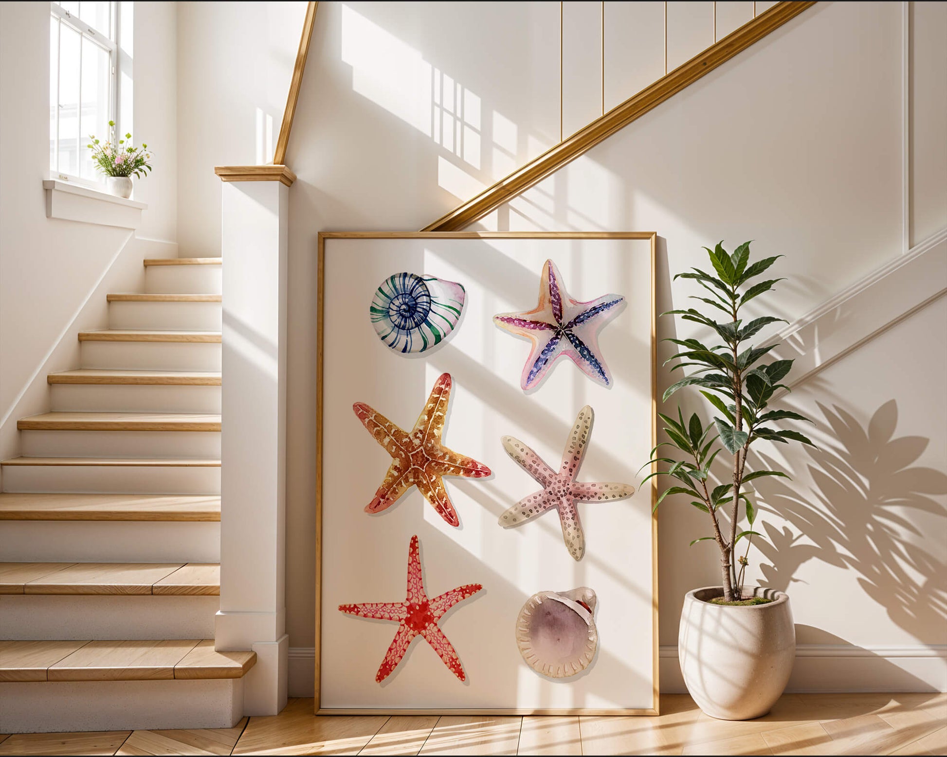 Watercolor collection of seashells and starfish illustration