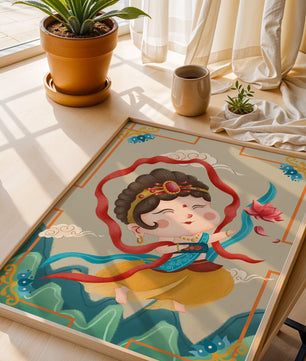 Whimsical illustration of a joyful child deity with lotus and clouds
