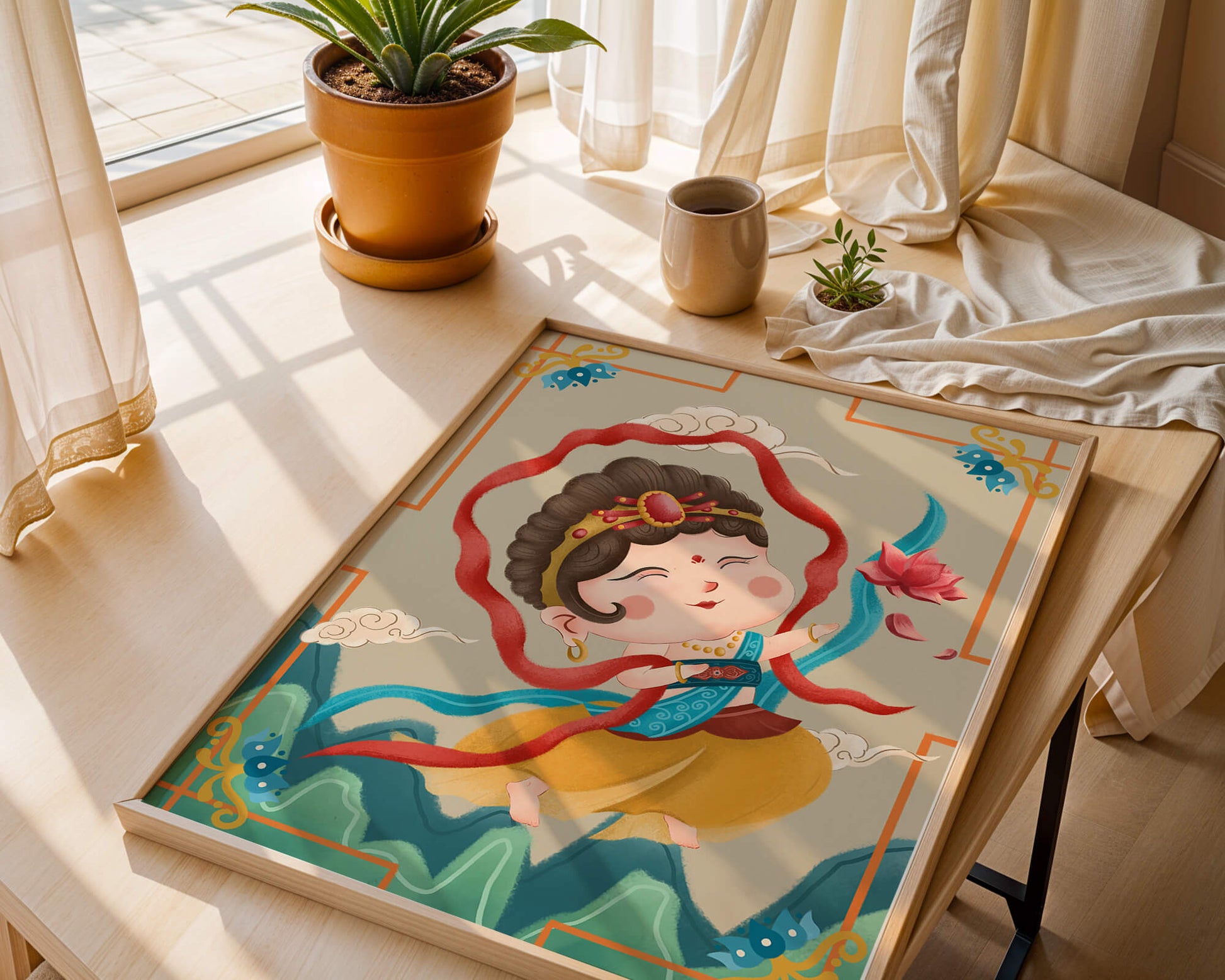 Whimsical illustration of a joyful child deity with lotus and clouds