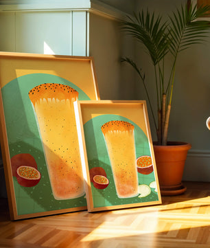 Illustrated tropical passion fruit drink with fresh slices