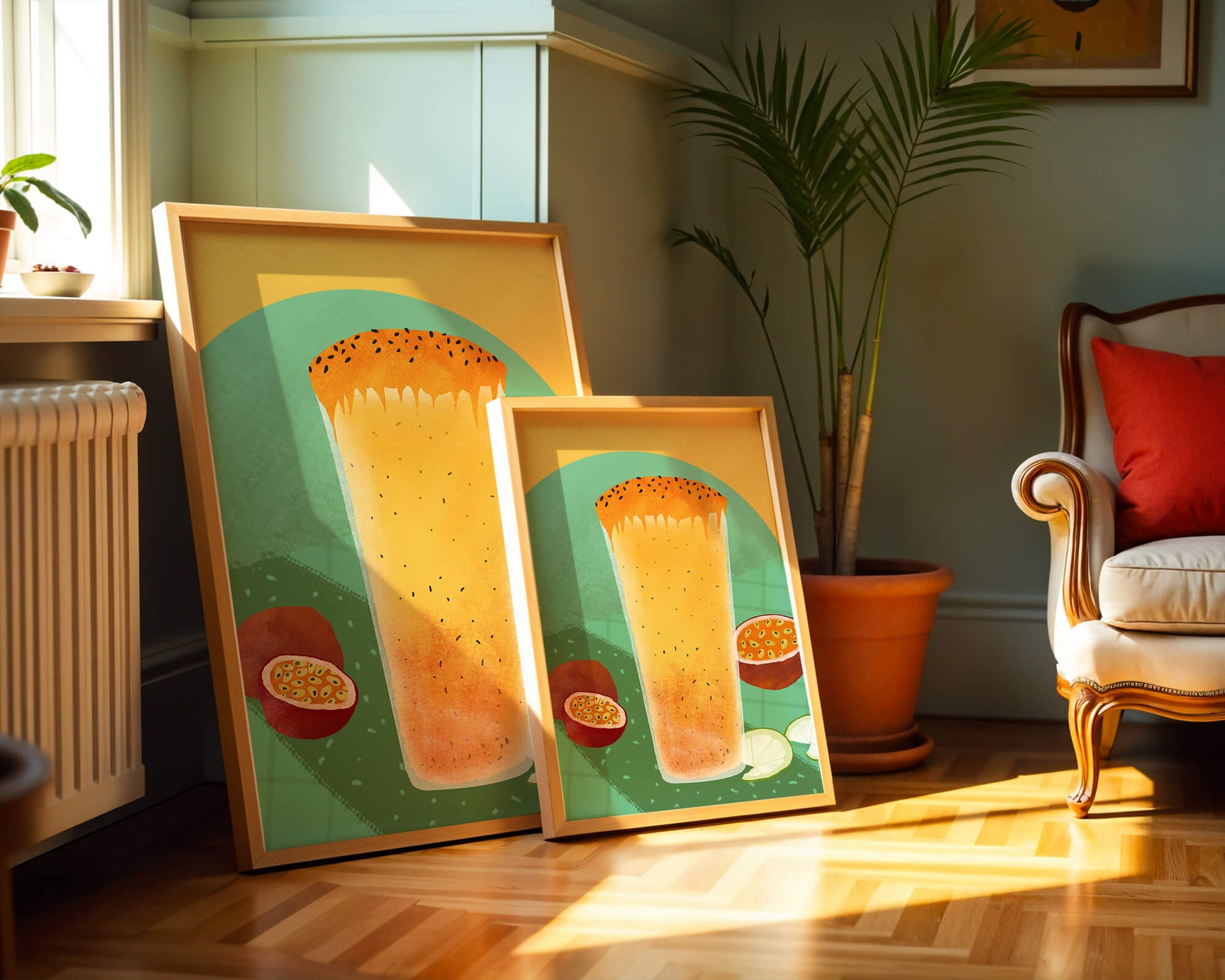 Illustrated tropical passion fruit drink with fresh slices