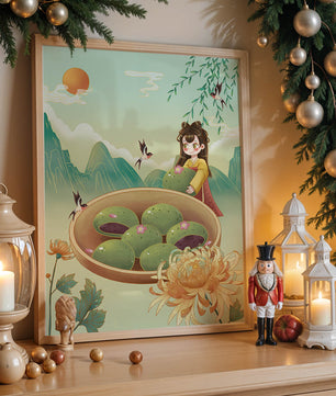 Charming Scene with Traditional Dress and Scenic Landscape Featuring Floral Elements and Birds