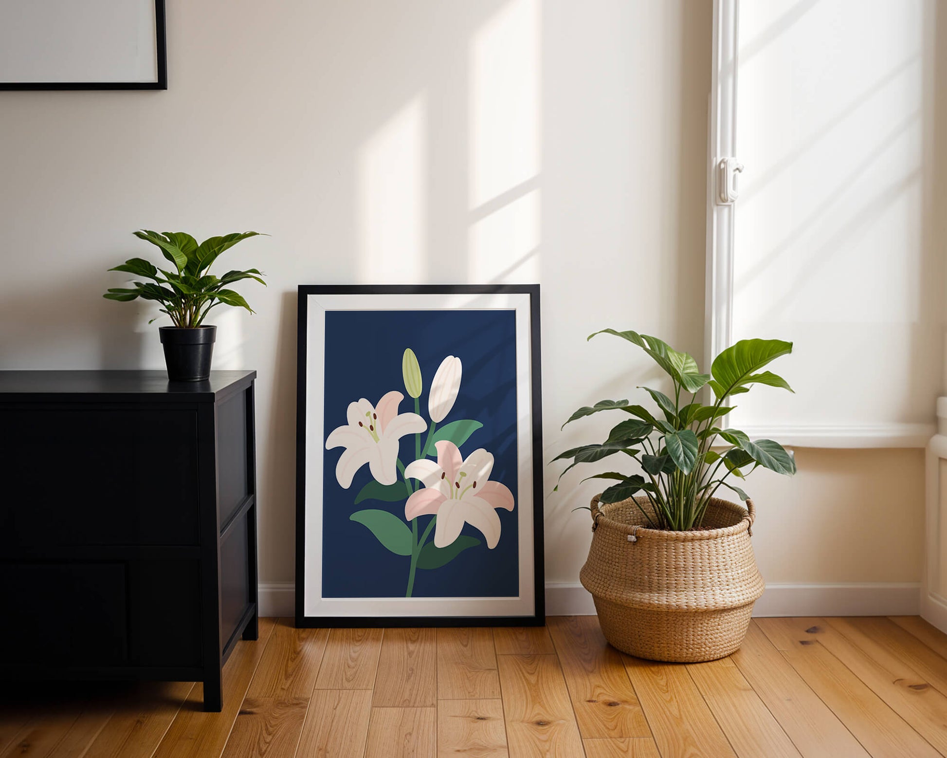 Lirios elegantes sobre un fondo azul oscuro