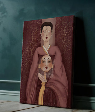Ilustración de una figura mística con máscara y fondo ornamentado