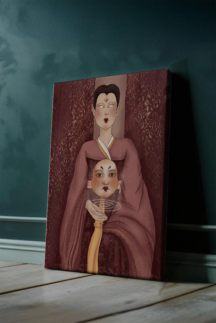 Ilustración de una figura mística con máscara y fondo ornamentado