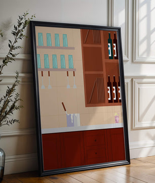 Interior de cocina moderna con gabinetes de madera y estantes de vidrio